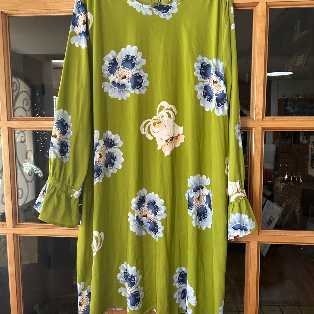 LOFT Green Floral Long Sleeve Dress